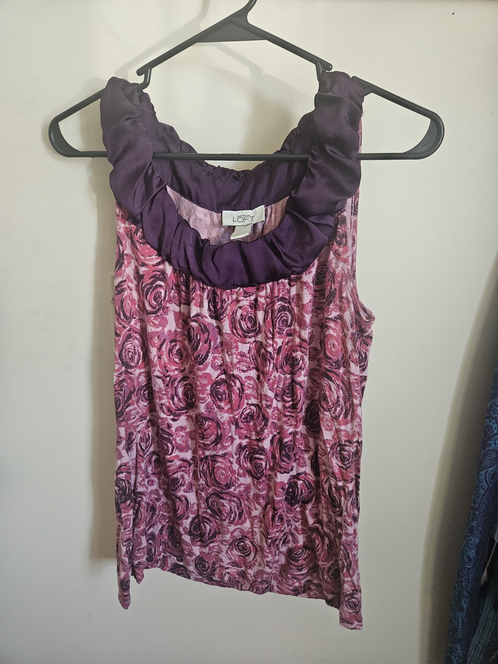 LOFT Pink Rose Print Tank Top with Purple Ruffled Neck